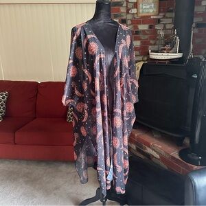 🦋 Hibluco Black & Orange Sun and Moon Celestial Open Front Longline Sheer Kimono
